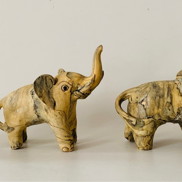 Other - Vintage Marbled Clay Composite Elephant Sculpture Figurines Folk Art Shelf Decor